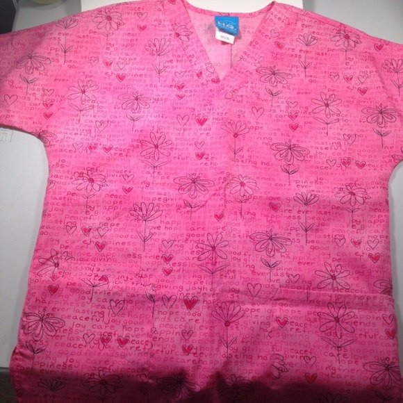 Scrub HQ Heart Flower Pink Valentine Women's Size XS V-Neck SS Words Scrubs - Picture 6 of 8
